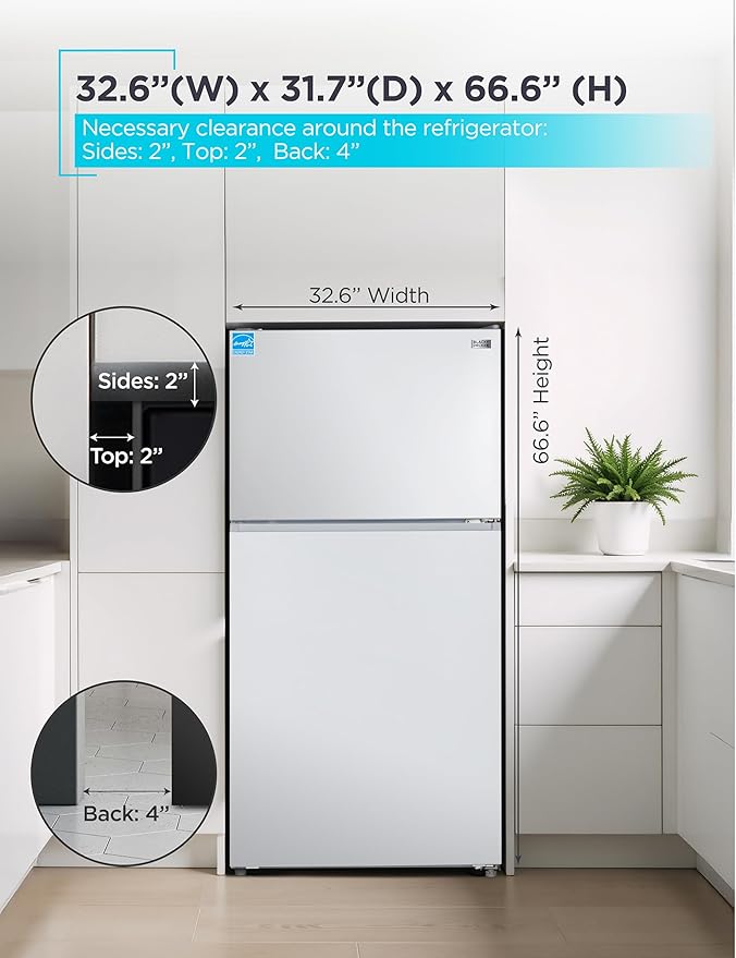 BLACK+DECKER 24 Cu. Ft. Top Mount Refrigerator with Freezer, 2 Door Fridge with Top Freezer and Adjustable Temperature Control, Full Size Kitchen Refrigerator, ENERGY STAR, BR2400JW, White