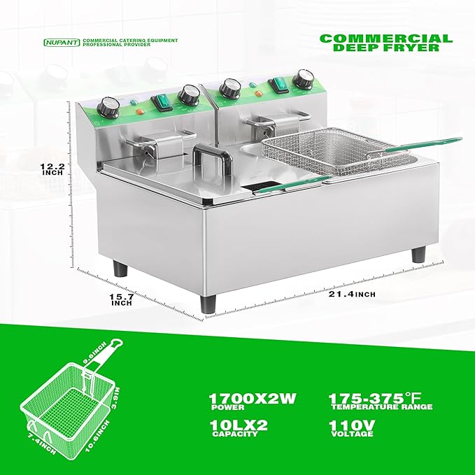 20L/21.2QT Commercial Deep Fryer with Timer Dual Tank Electric Countertop Fryer with Double Baskets and Lids, Temp Control, 3400W/110V Stainless Steel Large Deep Fryer for Restaurant Kitchen