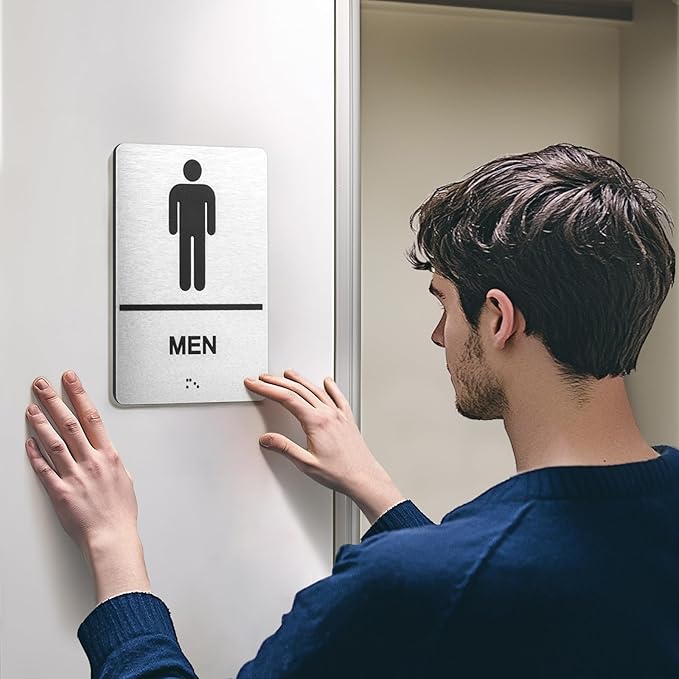 Bathroom Signs, Men's & Women's Restroom Signs for Business, Brushed Aluminum ADA Raised Braille Restroom & Bathroom Door Sign with Strong Self-Adhesive, Silver Size 9'' X 6 '' （2 Pieces Set）