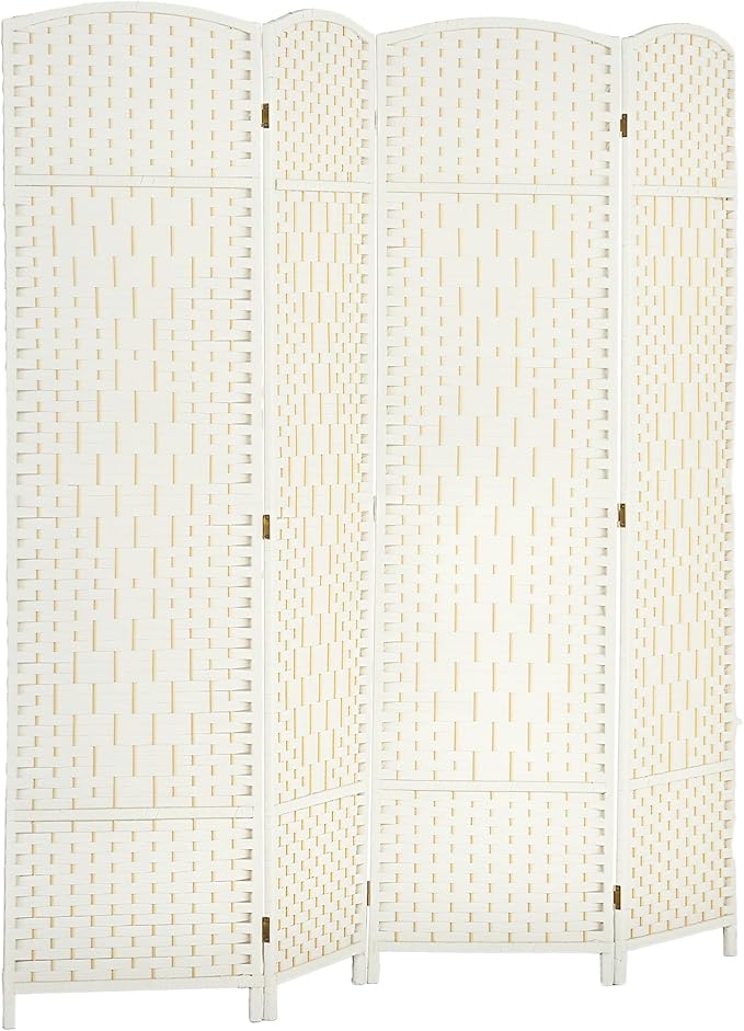 HOMCOM 4 Panel Room Divider, 6' Tall Folding Privacy Screen, Woven Freestanding Wall Partition for Home Office, Bedroom, White