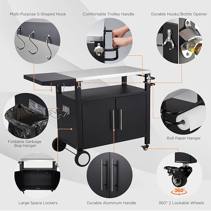 Outdoor Kitchen Storage Cabinet on Wheels, Grill Prep Table Kitchen Cabinets Island with Stainless Steel Top, Extension Plate, Outdoor Pizza Oven Stand Table for BBQ Patio Backyard