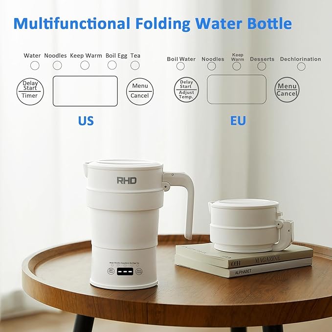 Travel Foldable Electric Kettle, 700ML Hot Water Kettle with Multifunctional Panel, Collapsible Small Boiling Water Kettle with Keep Warm & Delay Start, BPA-Free, 600W, 304 Stainless Steel, White