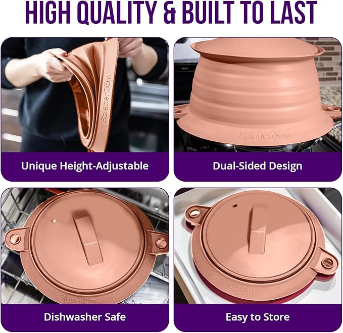 L.I.Q Silicone Splatter Guard – Fits 10 and 12 Inch Pots (25 and 30 Centimeters) – Microwave Safe and Durable SplatterDom - Includes 10” Lid - Food and Oil Splash Guard (Terra Cotta, Large)