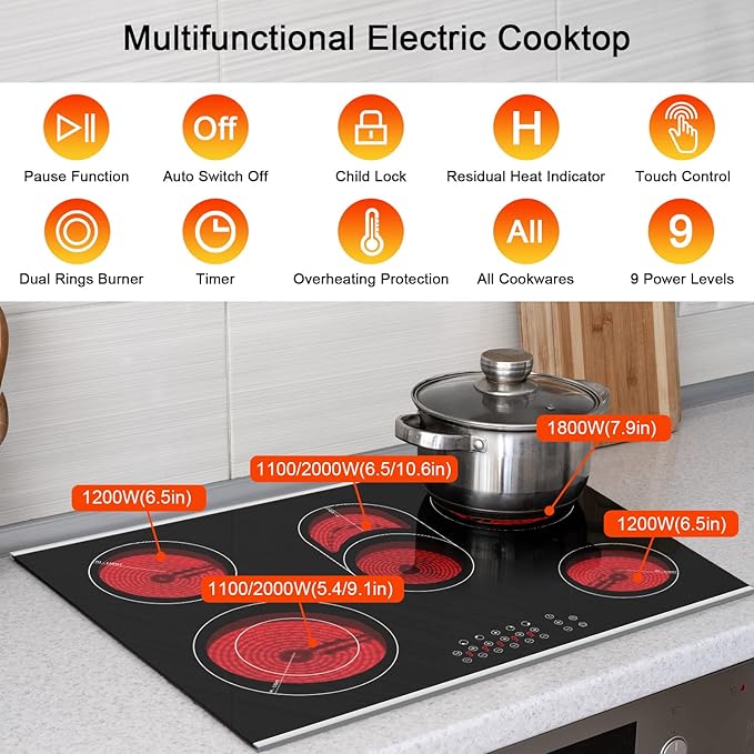 Karinear 30 Inch Electric Cooktop 30 Inch 5 Burners Electric Stove Ceramic Cooktop, Drop-in Electric Radiant Cooktop with Front and Back Metal Frame, Lock, Timer, 8400W, 220-240V, Hard Wire, No Plug