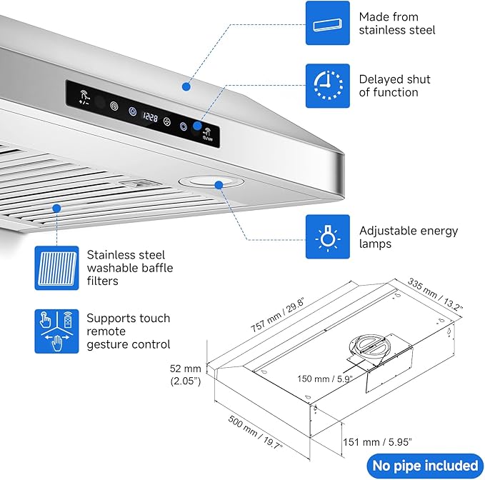 AMZCHEF 30" Under Cabinet Range Hood with Dual Fans System-1050CFM Ultra-Powerful Ventilation,3 Speed Stainless Steel Kitchen Hood with Touch/Remote/Gesture Control, Timer & LED Lights, Baffle Filters