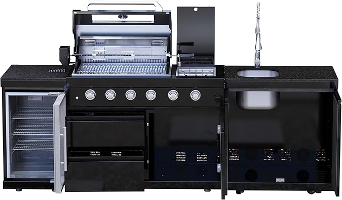 98-Inch Modular Natural Gas Outdoor Kitchen Island with Grill, All-in-One Patio Cooking Station with BBQ Grill, Refrigerator, Sink & Storage