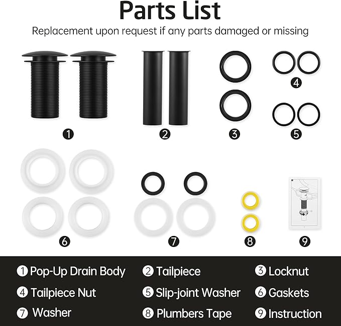KES Black Sink Drain Without Overflow, Bathroom Sink Stopper, Pop Up Drain Vessel Sink, 2 Pack, Matte Black, All Metal Rustproof Brass and 304 Stainless Steel, for 1.6"-1.9" Sink Hole, S2008D-BK-P2