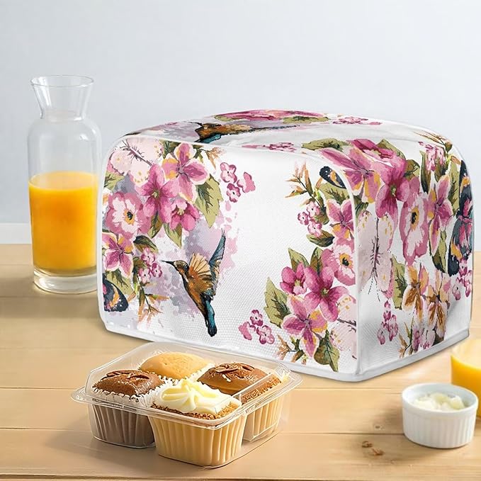Hummingbird Flower Print Toaster 4 Slice Cover Stain Resistant Bread Maker Cover Dust Fingerprint Protection Kitchen Home Decor