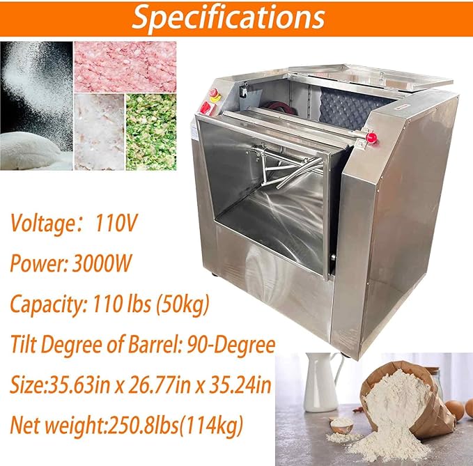 50KG Commercial Electric Dough Mixer,3000W Food Mixer, 110V Heavy-Duty Dough Kneading Machine with Stainless Steel Dough Knife for Bakery, Restaurant