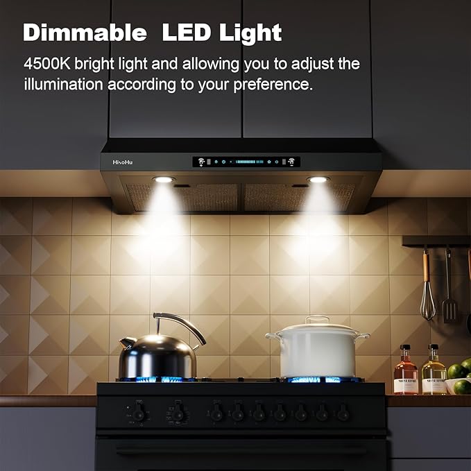 HisoHu 30 Inch Under Ducted Cabinet Range Hood with 1200 CFM, 4 Speed Gesture Sensing Kitchen Exhaust Hood & Touch Control Panel, Stainless Steel Stove Vent Hood with 2 LED Lights（Black）