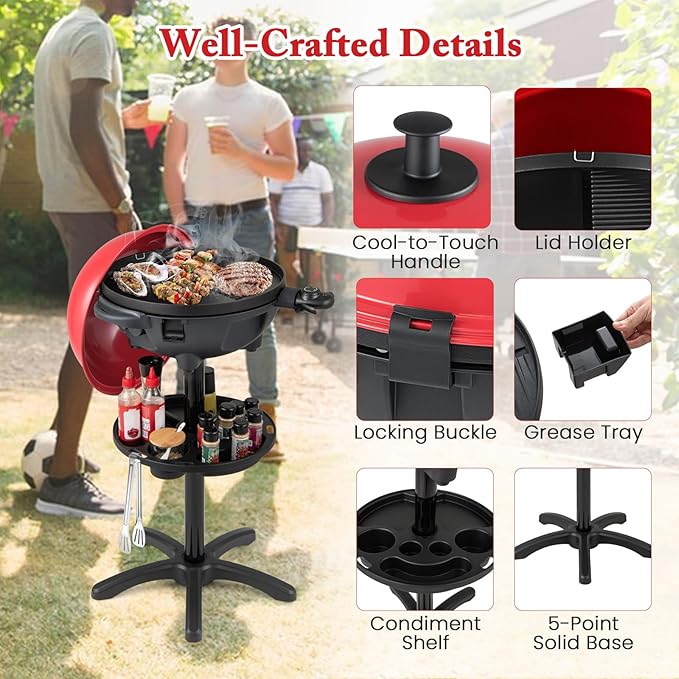 Giantex Electric Grill Outdoor, 1200W Electric BBQ Grills Outdoor Cooking with Lid & Thermometer, Nonstick Griddle, Drip Tray, 2-in-1 Freestanding & Tabletop Grill for Apartments Backyard Party, Red
