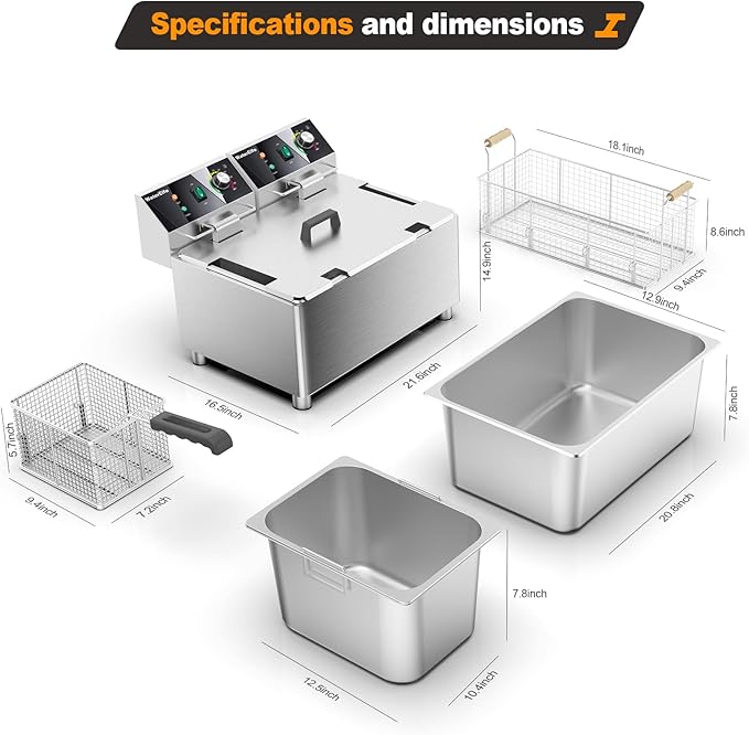 electric turkey fryer Commercial deep fryer with basket 3600W27.4QT with timer26L deepen deep fryer Variable twin cylinder 13.7QT*2 Rapid heating
