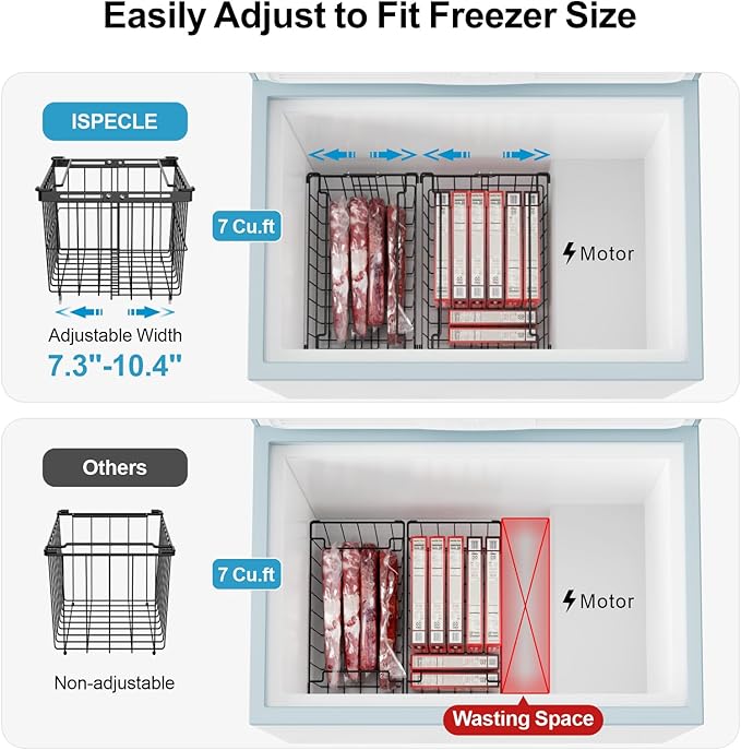 iSPECLE Freezer Organizer Bins - 5 Pack Adjustable Width for 5 to 7 Cu.Ft Chest Freezers, Stackable Wire Storage Baskets, Assembly Required, Black