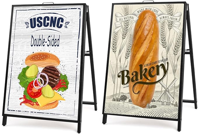 USCNC 2 Pack Heavy Duty A-Frame Sidewalk Sign 24 x 36 Inch, Portable Double-Sided Sandwich Board Slide-in Folding Metal Signboard (Frame only，No white board)