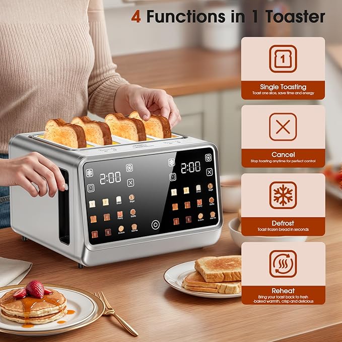 4 Slice Toaster Wide Slot– Dual Digital TouchScreen & Independent Control Panel | Single-Slice Modes/Reheat/Defrost | 1800W Stainless Steel Toaster for Bagels & Artisan Bread