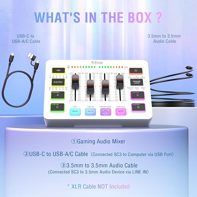 FIFINE Audio Mixer, Gaming Streaming PC Mixer with Slider Fader, XLR Microphone Interface, Monitoring, for Video/Game Voice/Podcast Recording-AmpliGame SC3W