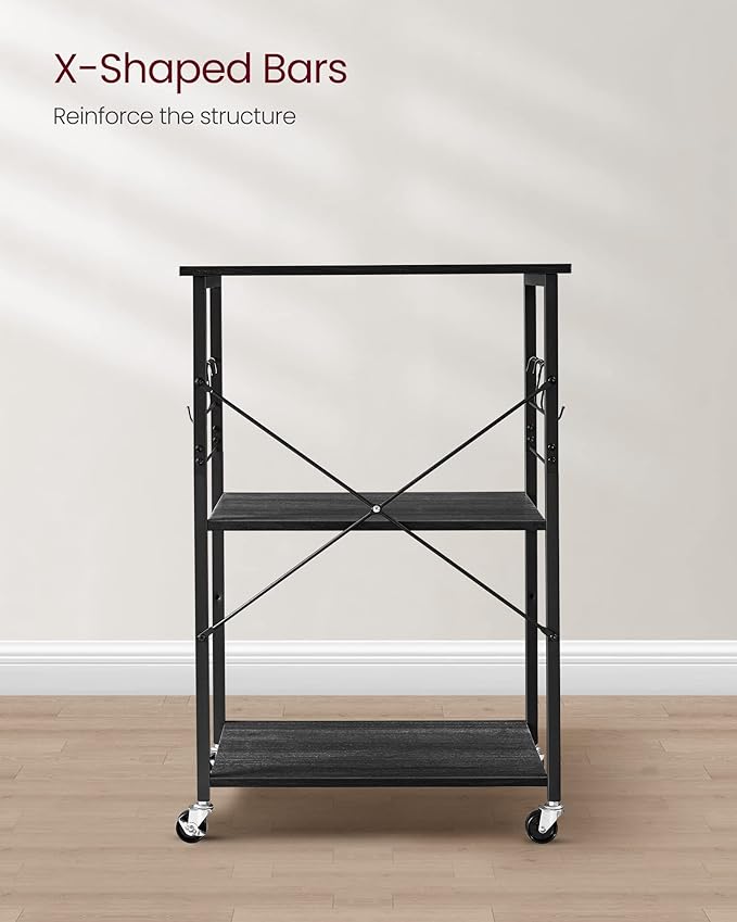 VASAGLE Kitchen Shelf on Wheels, 23.6 Inches Serving Cart with 3 Shelves, Kitchen Cart, Microwave Shelf, for Mini Oven, Toaster, with 6 Hooks, Industrial Style, Ebony Black and Ink Black UKKS060B42