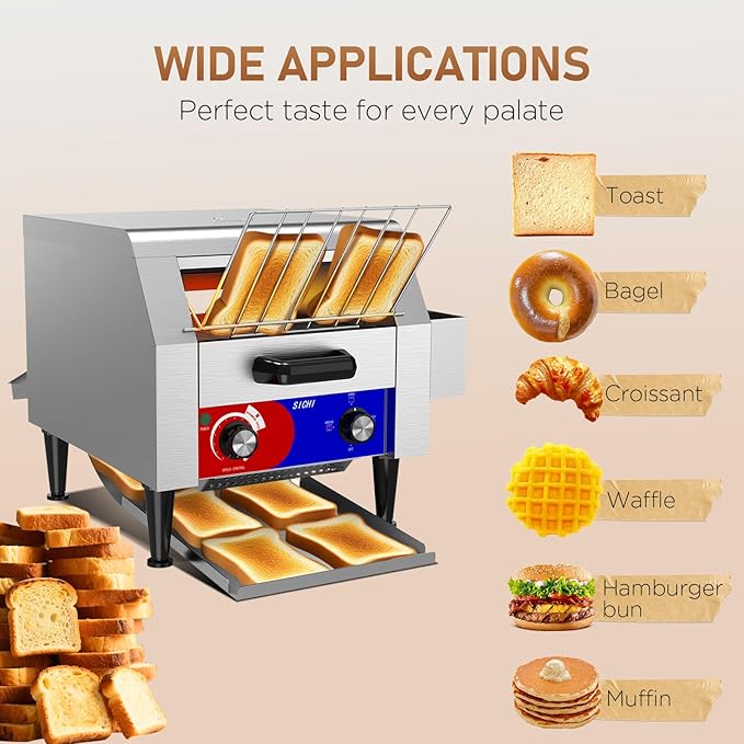 Commercial Conveyor Toaster w/ 2 Slice Wide Slot, 300 Slice/hour Commercial Toaster w/ 10.1’’ Wide and 3‘’ Opening, Industrial Kitchen Cooking bagel w/Stainless Steel and Heavy Duty