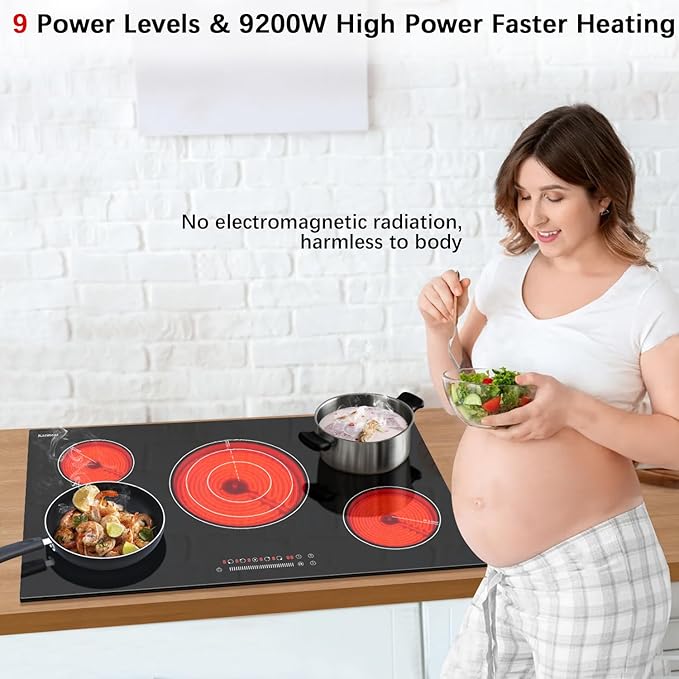Karinear 36 Inch Electric Cooktop, 5 Burners Electric Stove Top, Built-in Glass Radiant Electric Ceramic Cooktop, Expandable Zones, Lock, Timer, Pause,9200W 220~240v Hardwired(No Plug)