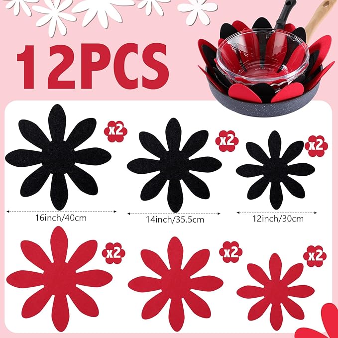 Queekay 12 Pcs Felt Pot and Pan Protectors 12/14/16 Inch Larger Thicker Pan Protector Pads, Colorful Pot Separators for Stacking Cookware Organizing Protecting(Black Red)