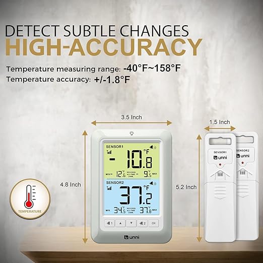 Refrigerator Thermometer with Alarm, Digital Wireless Fridge and Freezer Thermometer, Max Min Temperature Records with Magnetic & Stand Options for Home Restaurant