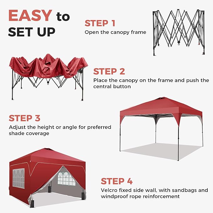 Saemoza 12x12 Pop Up Canopy Tent with One Push Setup, Outdoor Sun Shade Canopy with Vent Top for Backyard Party, Easy Up Instant Shelter with 4-Sandbags & Wheel Bag, Red.