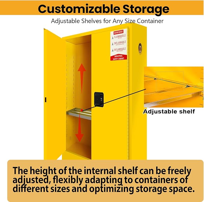 392 Gallon Flammable Liquid Storage Cabinet Fireproof Metal Cabinet with 3 Point Lock, Adjustable Shelves for Industrial, Scientific, Warehouse Use Yellow