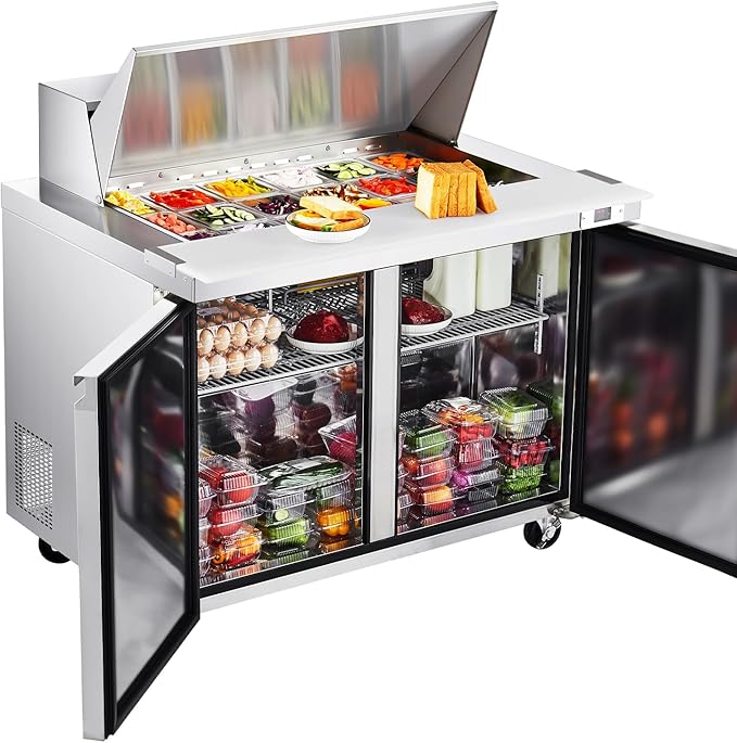 VEVOR 48"W Commercial Refrigerator, 12.5 Cu. Ft Sandwich Prep Refrigerated Table, Mega Top Food Prep Fridge with 18 Pans and Cutting Board, Stainless Steel Salad Prep Cooler for Restaurant, Food Truck