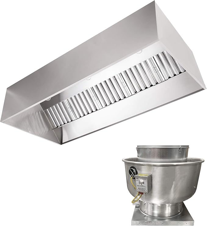 Stainless Steel Commercial Exhaust Only Hood System, Includes Stainless Steel Exhaust Only Hood, Rooftop Exhaust Fan, and Roof Curb (12' Wall Exhaust Only Hood & Fan)