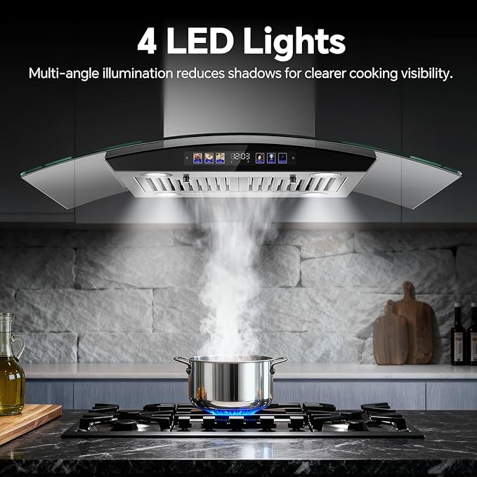 Island Range Hood 36 Inch 700 CFM, Ceiling Mount Kitchen Exhaust Hood with Gesture Sensing & Color Touch Control, Tempered Glass, 3 Speed Vent Fan, 4 LED Lights, Permanent Baffle Filters