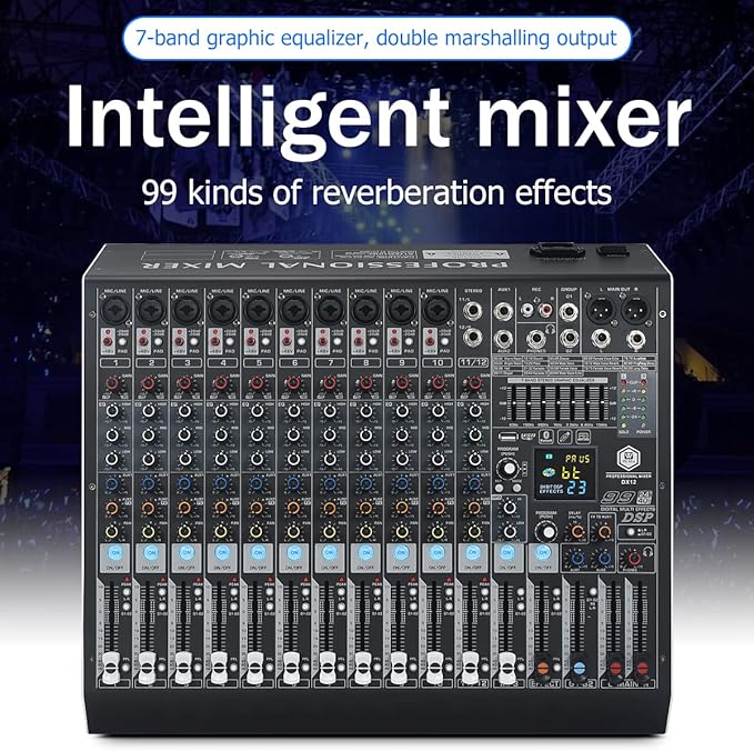 W IN-MIX DX12 Professional DJ Audio Mixer 12 Channel with 99 DSP Effects,7-band EQ,Independent 48V Phantom Power&Mute Button,Bluetooth Function,USB Interface Recording For Studio & Stage