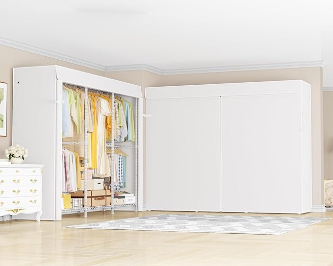 E14C Heavy Duty Closet Organizer System，Freestanding Clothing Racks for Hanging Clothes，Adjustable Garment Rack 70.1" W × 16.6" D × 76.4" H Hold 960 lbs，White Rack with White Dustproof Cover
