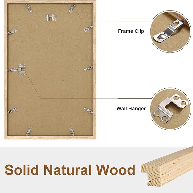 Vittanly 11x17 Picture Frame Set of 2, Solid Wood Frame for Wall Art Photo and Prints, Display Photo 8x12 with Mat or 11x17 without Mat, Natural