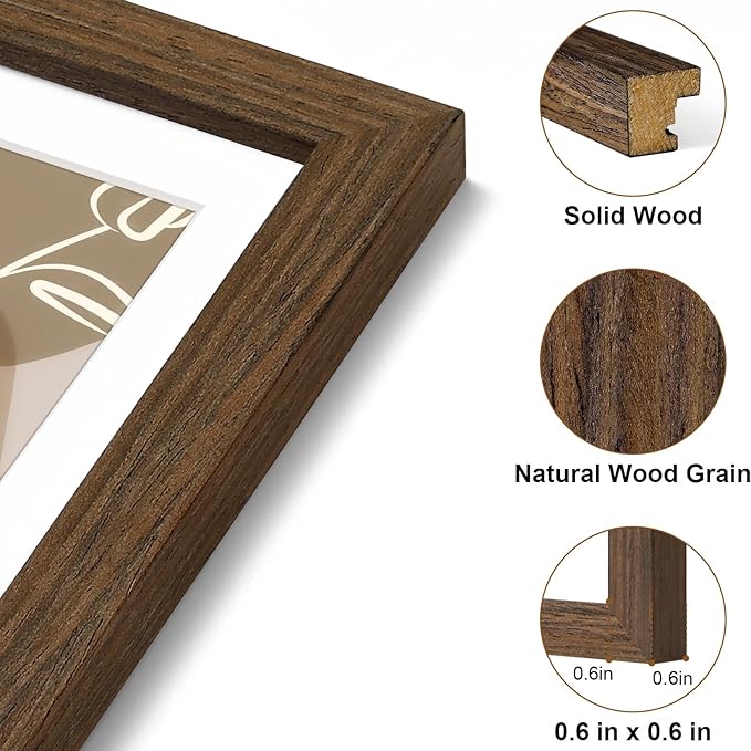 Vittanly 8x10 Picture Frame, Solid Wood Frame with Plexiglass, Includes 5x7 Mat, Wall Hanging or Tabletop for Home Decor, Brown, 1 Pack