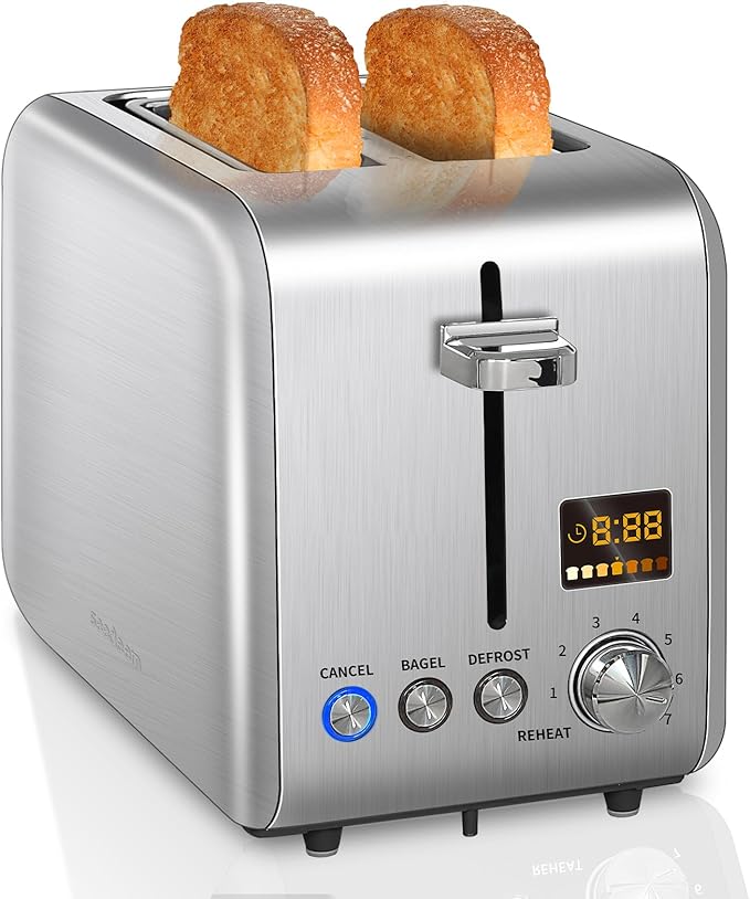 SEEDEEM 2 Slice Toaster - Stainless Steel With Color LCD Display, 7 Bread Shade Settings, 1.4'' Wide Slots, Bagel/Defrost/Reheat Functions, Removable Crumb Tray, 900W, Silver Metallic