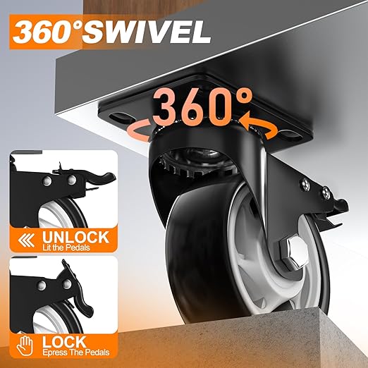 Caster Wheels, 4 Inch Heavy Duty Casters, 2400lbs Capacity (Set of 4) - Industrial Swivel Wheels with Dual-Locking Brakes, Silent & Non-Marking for Workbenches, Carts, Furniture