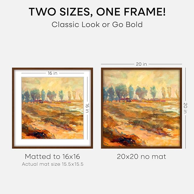 Homeforia 20x20 Brown Picture Frame, High End Dark Oak 20 x 20 Square Wood Frame with Mat 16 x 16 for Photo, 20by20 Wooden Walnut Poster Frame Matted to 16x16 Print, Tempered Glass, Wall Kit, Set of 2