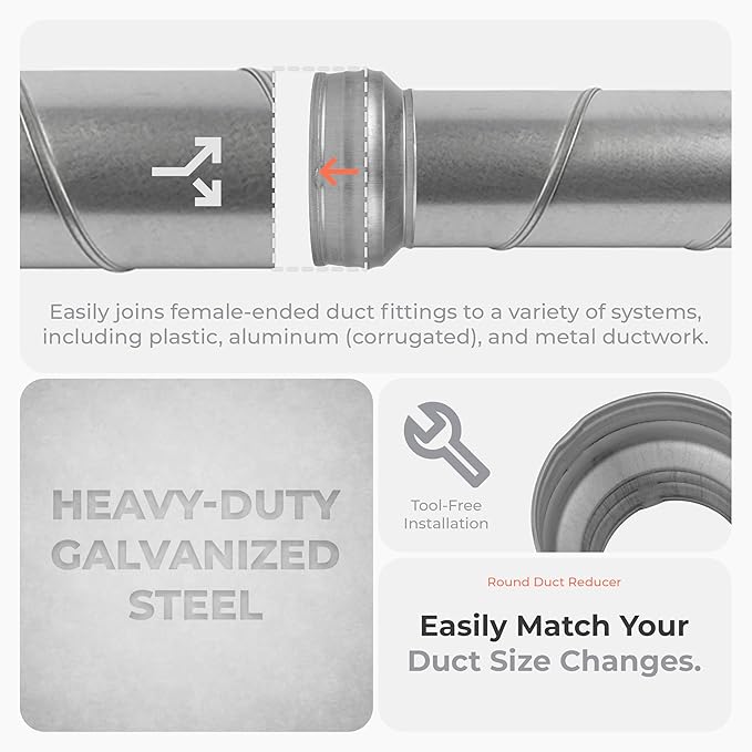 5" to 4" Inch Round Duct Reducer - Male Fit Galvanized Steel Pipe Increaser - Coupling for Round Duct Ventilation Systems - Heating & Cooling, HVAC