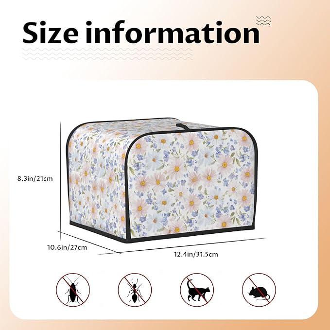 4 Slice Toaster Cover for Kitchen Flower Pastel Floral Waterproof and Dustproof Toaster Dust Cover with Side Pockets Decorative Universal Cover for Wide Slot Toasters and Small Appliances