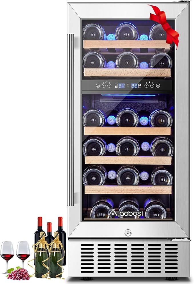 AAOBOSI 15 Inch Wine Cooler Refrigerator, 28 Bottles Dual Zone Wine Fridge with Double-Layer Glass Door and Temperature Memory Function,Built-in or Freestanding