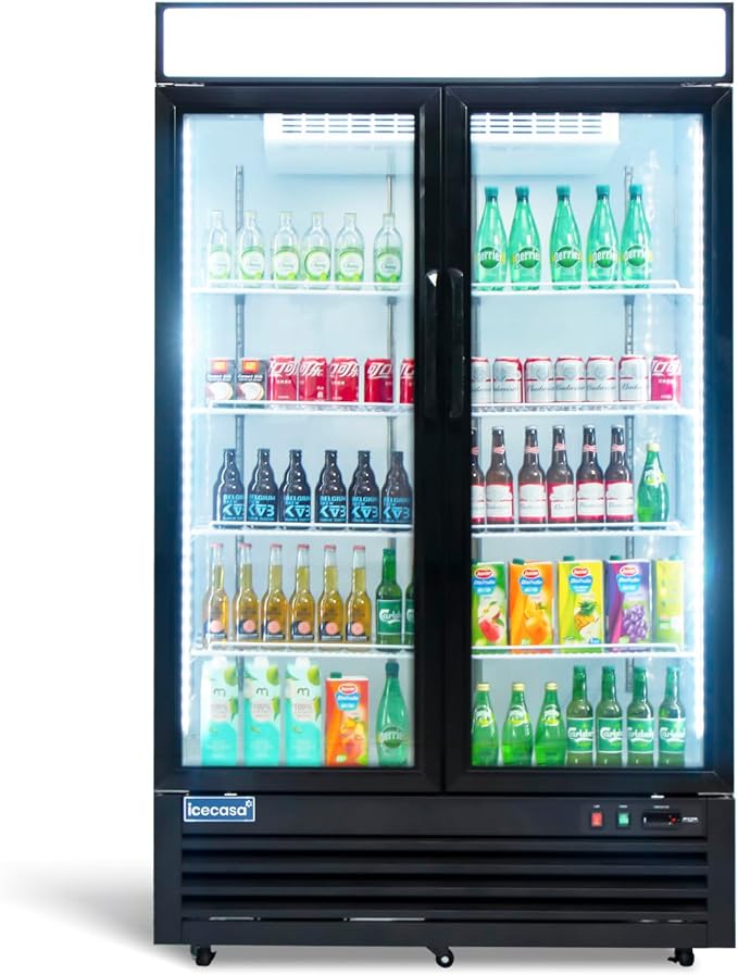 ICECASA 48" W Merchandiser Commercial Display Refrigerator Double Glass Door Reach-in 36 Cu.ft Display Refrigerator Fan Cooling for Restuarant, Bar, Shop, etc