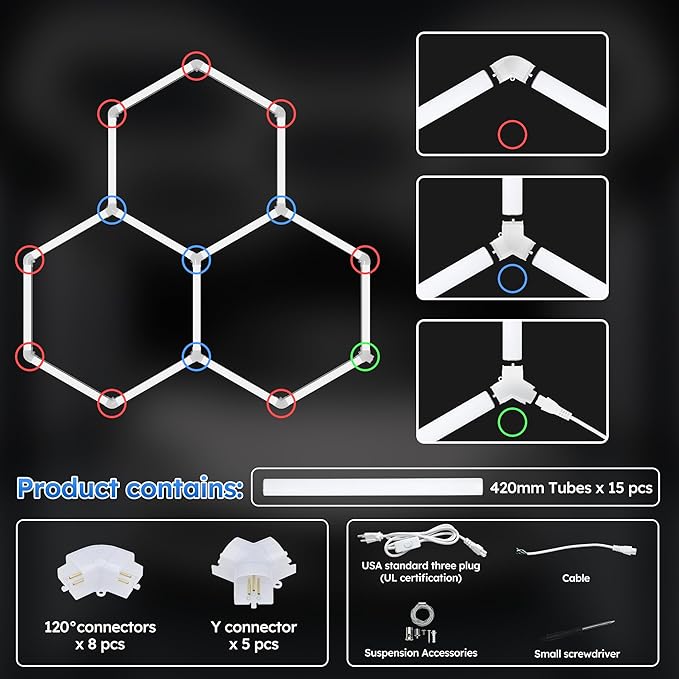 Hexagon Garage Lights - Upgraded 3-Stage Color Temperature, Dimmable Hexagon Lights with Switch, 3000K 4500K 6500K,High Brightness 3 Grids Hex Lighting for Gym, Barber Shop, Car Detailing