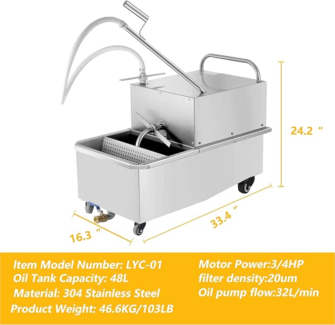 Hakka Deep Fryer Filter Machine with Oil Drain, Commercial Mobile Oil Filter System 550W For Restaurant with 32L/min Flow Rate, 48L, 3/4 HP, Come with 5pcs Filter Paper