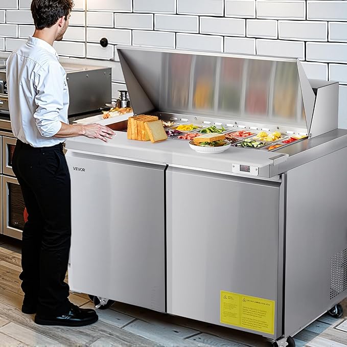VEVOR 48"W Commercial Refrigerator, 12.5 Cu. Ft Sandwich Prep Refrigerated Table, Mega Top Food Prep Fridge with 18 Pans and Cutting Board, Stainless Steel Salad Prep Cooler for Restaurant, Food Truck