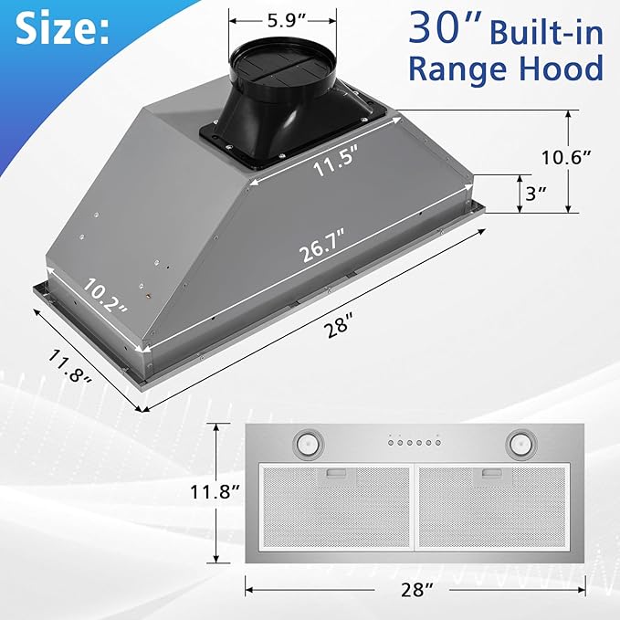 ONEEON 30" Range Hood Insert - 500 CFM Stainless Steel Built-in Kitchen Vent w/ 4-Speed Exhaust Fan, Dishwasher-Safe Baffle Filters, LED Lights & 3-Min Delayed Shutdown