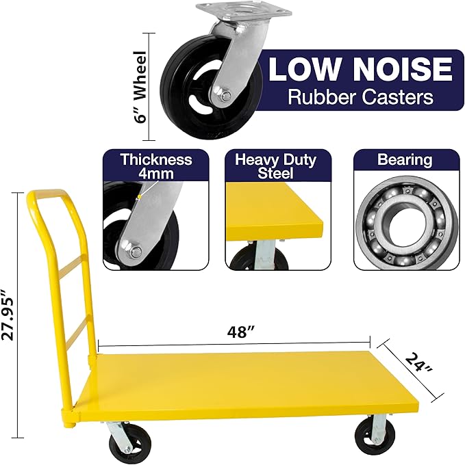 5Seconds Platform Cart Industrial Dolly 2400 LB Heavy Duty 48” X 24” Platform Hand Push Truck Commercial Cart Flatbed, Moving Cart 6” Swivel Wheels Flatbed cart