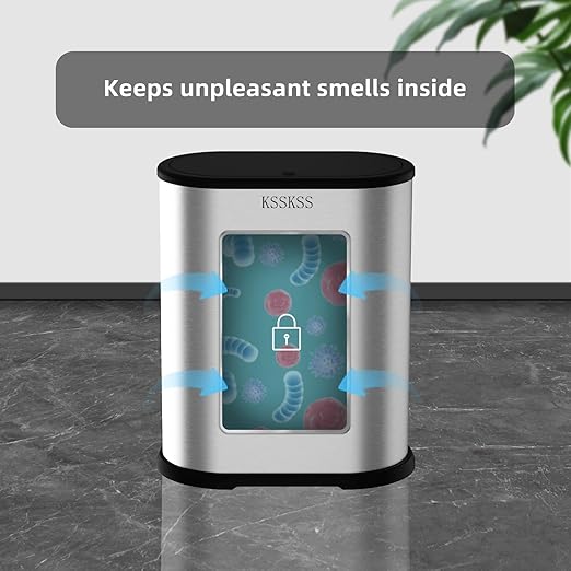 1.8 Gallons Small Stainless Steel Trash Can with Press Type Lid, Slim Bathroom Garbage Bin, Removable Liner Bucket, Dog Proof Narrow Wastebasket with Pop-Up Lid for Bedroom,Toilet (Silver)