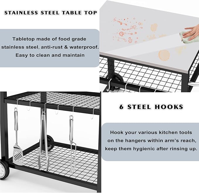 Movable Food Prep and Work Table Stainless Steel Grill Cart Modular Table with Wheels and Handle Double-Shelf Commercial Kitchen Tables Heavy Duty Pizza Oven Stand Outdoor