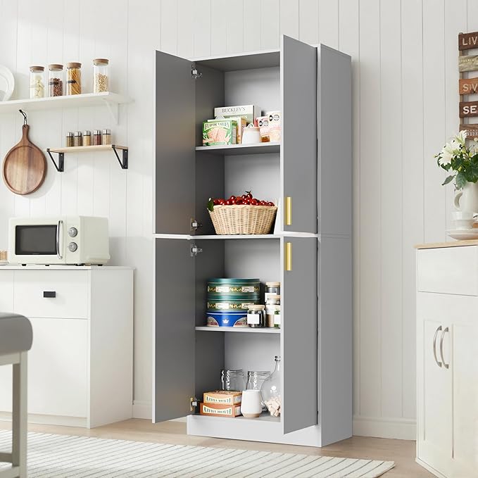 Cozy Castle Kitchen Pantry Cabinet, 71" Tall Wood Storage Cabinet with Doors and Shelves 4 Doors Freestanding Cupboard for Dining Room Living Room Bathroom Furniture, Gray