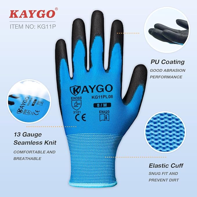 KAYGO Safety Work Gloves PU Coated,12 Pairs KG11PB, Seamless Knit Glove with Polyurethane Coated Smooth Grip on Palm & Fingers, for Men and Women, Ideal for General Duty Work (X-Large,Blue)